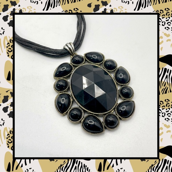 Bold Black Acrylic Pendant on Multi Strand Cords Statement Necklace VGC - Picture 4 of 14